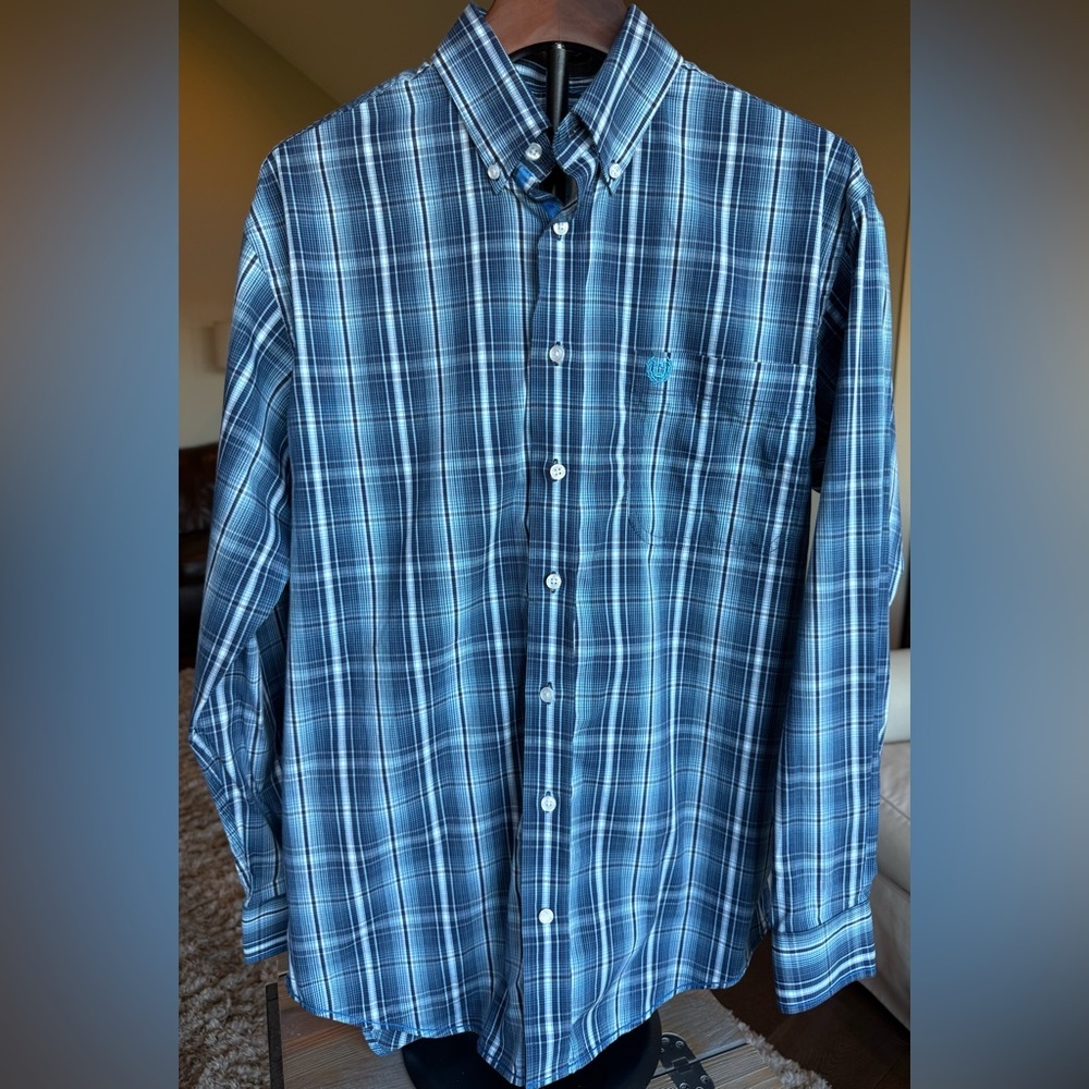 Panhandle SMALL Men’s Blue Plaid Western Long Sleeve Dress Shirt
